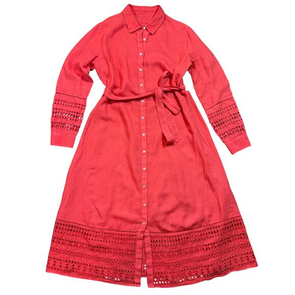 120% Lino Dresses & Skirts - 120% Lino Coral Bold Pink Linen Natural Fiber Italian Summer Eyelet Dress L / 48